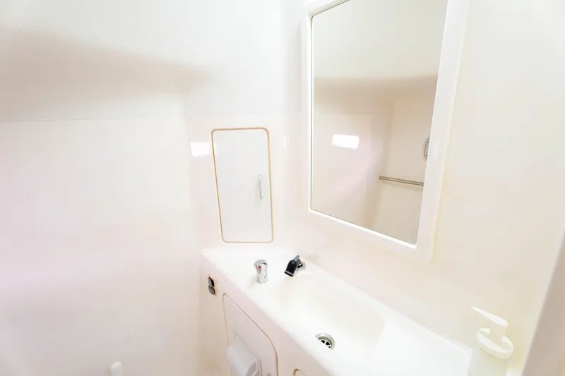 Osprey Yacht Photos Pics Compact bathroom interior of 2010 Voyage 520 with mirror and sink.