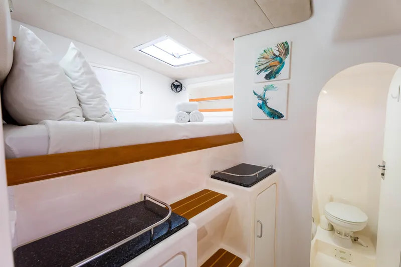 Osprey Yacht Photos Pics Luxurious cabin interior of 2010 Voyage 520 yacht with cozy bed and modern bathroom.
