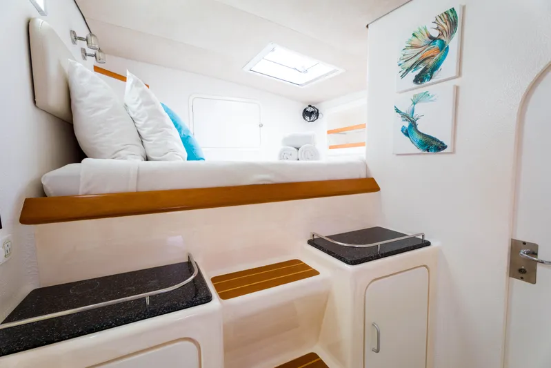 Osprey Yacht Photos Pics Cozy cabin interior of 2010 Voyage 520 yacht with bed, artwork, and storage.