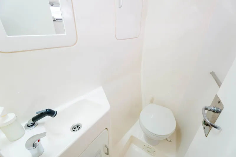 Osprey Yacht Photos Pics Compact bathroom in 2010 Voyage 520 yacht with sink and toilet.