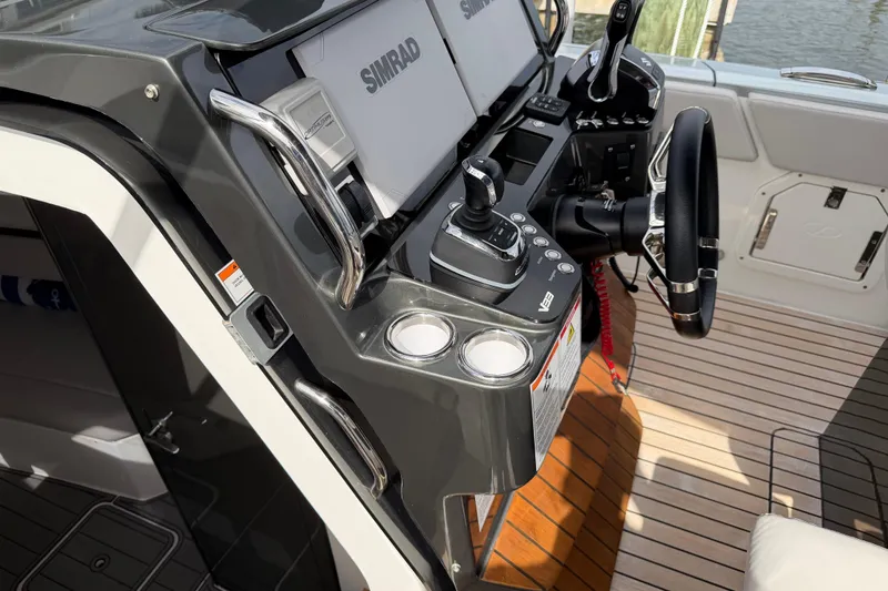  Yacht Photos Pics 2023 Schaefer V33 boat helm with Simrad electronics and joystick controls.