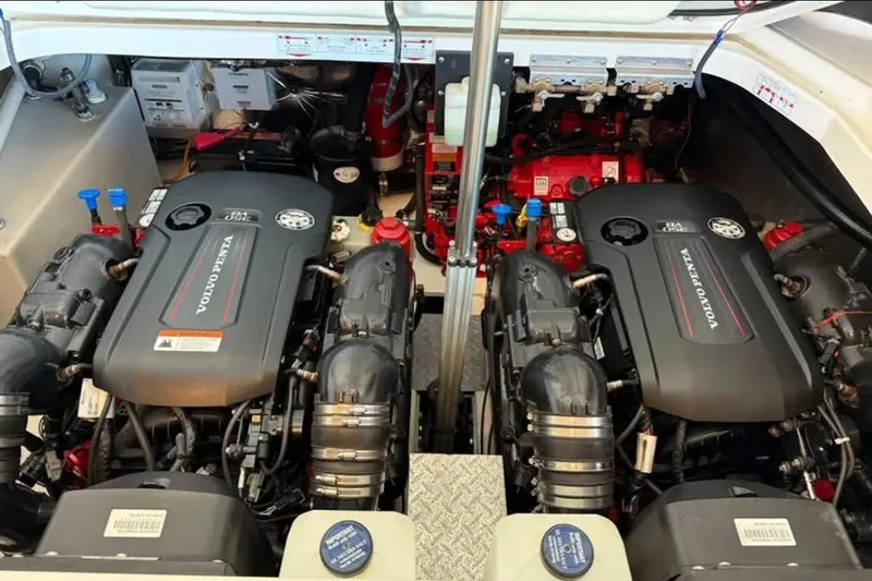 Social Distance Yacht Photos Pics Engine compartment of a 2019 Regal 35 Sport Coupe with Volvo Penta engines.
