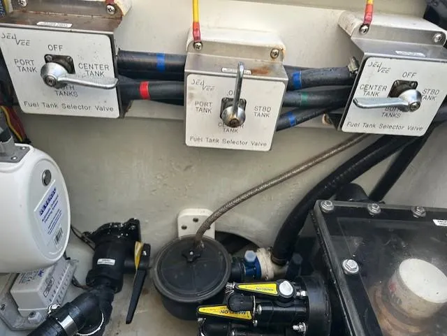  Yacht Photos Pics Fuel tank selector valves on a 2023 SeaVee 370z boat.