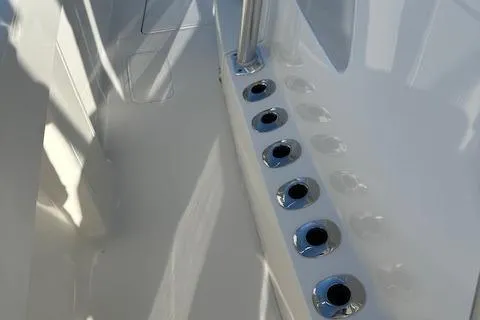  Yacht Photos Pics 2023 SeaVee 370z boat deck with rod holders and sleek design.