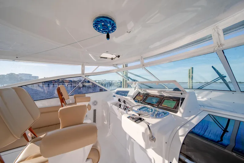 Urgent Sea Yacht Photos Pics Interior of 2003 Viking 45 Express yacht with modern helm and beige seating.