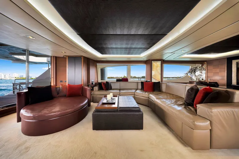 Babieca Yacht Photos Pics Luxurious interior of 2005 Azimut 105 yacht with elegant seating and waterfront view.