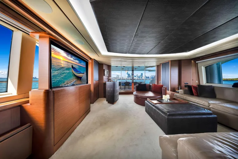 Babieca Yacht Photos Pics Luxurious interior of 2005 Azimut 105 yacht with modern decor and panoramic windows.