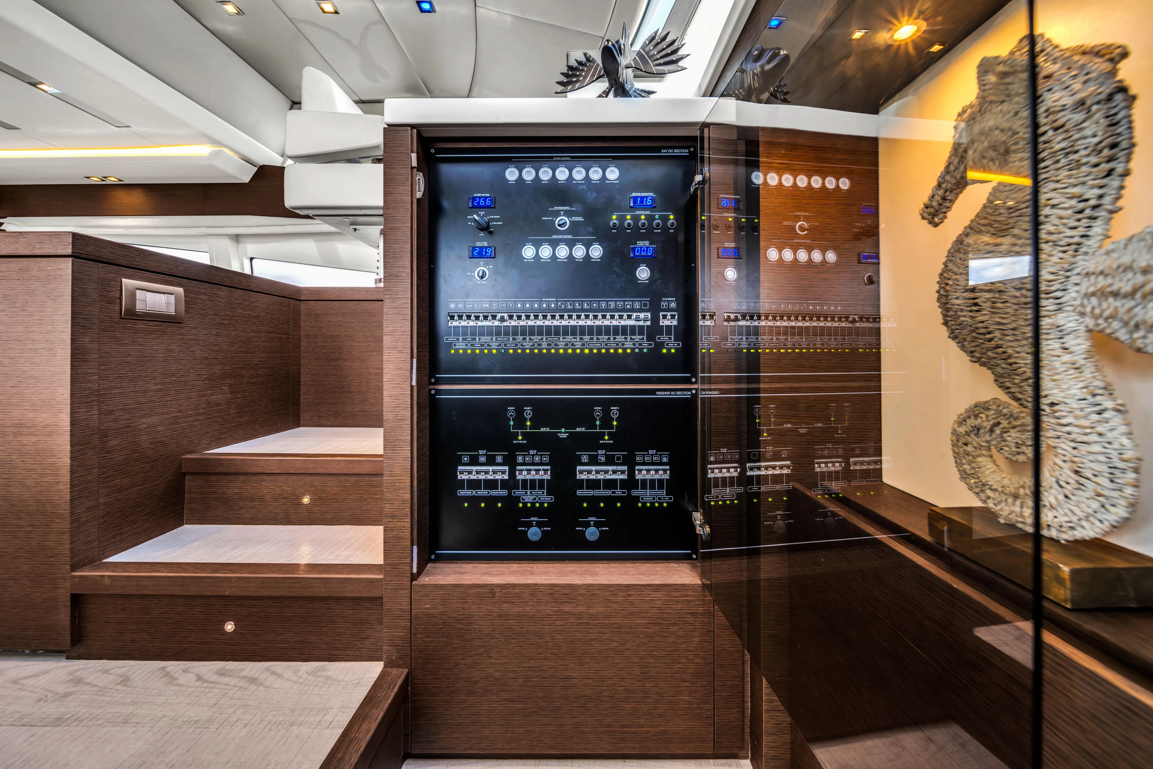 Oceana Yacht Photos Pics Control panel inside 2015 Prestige 750 yacht, featuring modern design and seahorse decor.