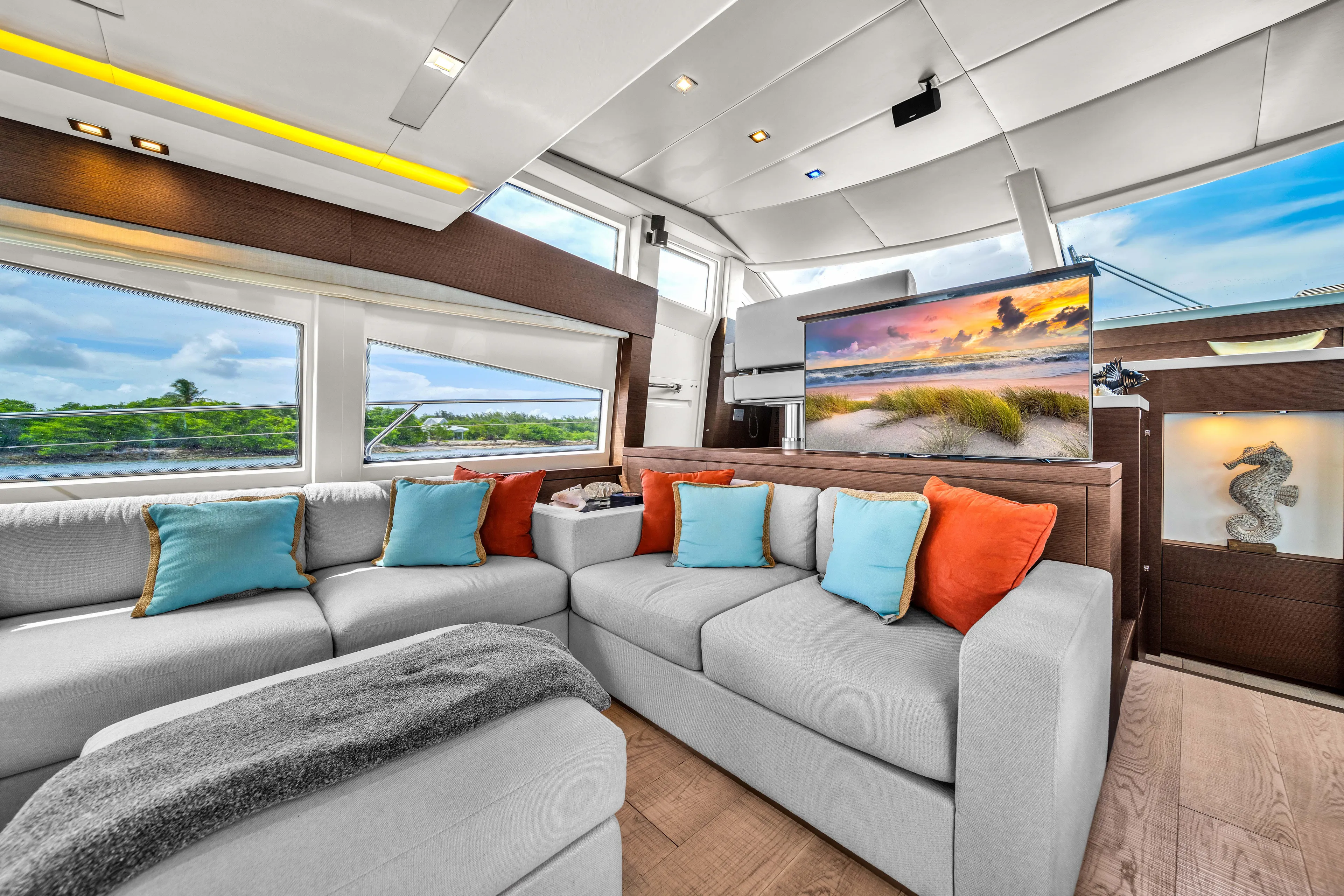 Oceana Yacht Photos Pics Luxurious interior of 2015 Prestige 750 yacht with modern decor and scenic views.