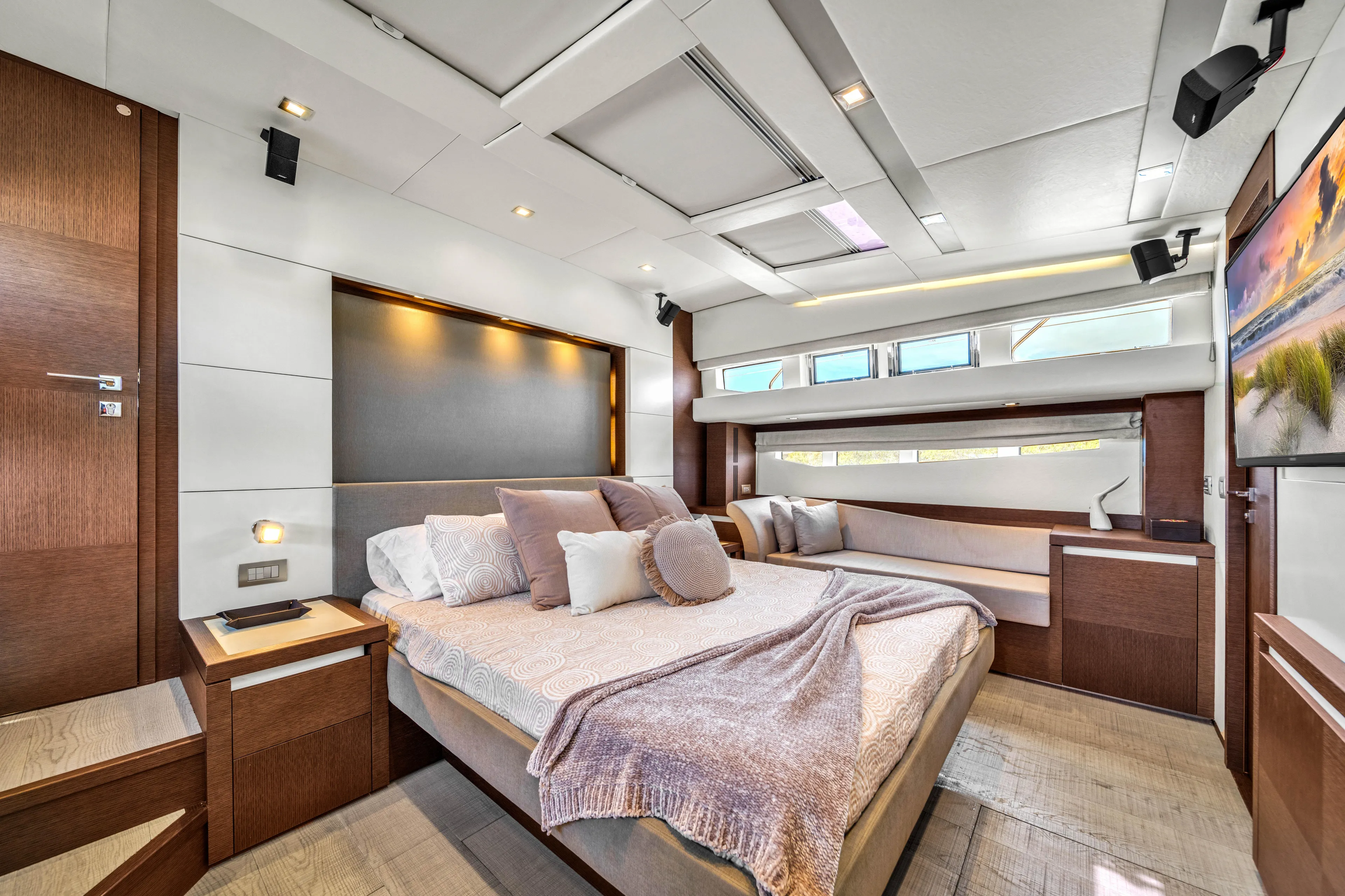 Oceana Yacht Photos Pics Luxurious interior of a 2015 Prestige 750 yacht with modern bedroom design.