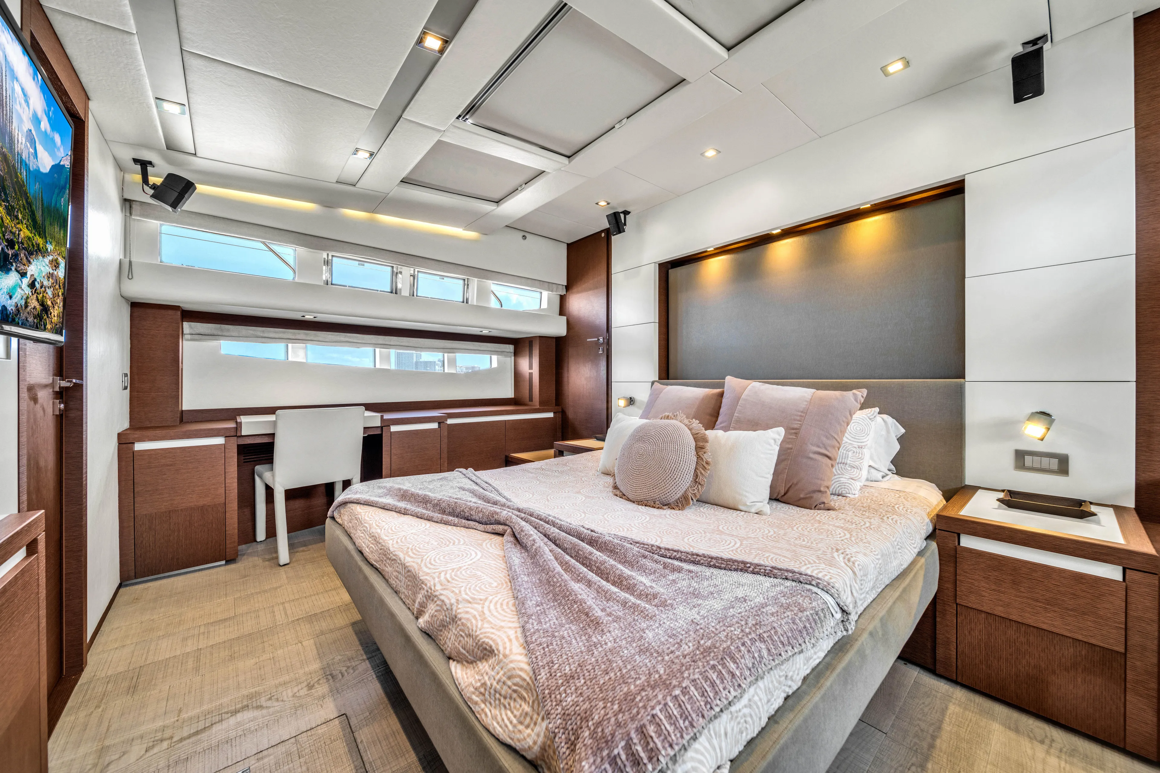 Oceana Yacht Photos Pics Luxurious bedroom interior of 2015 Prestige 750 yacht with modern design and elegant furnishings.