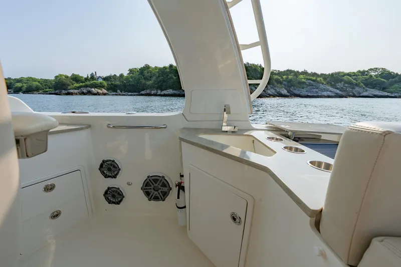 Blue Skies Yacht Photos Pics 2019 Boston Whaler 350 EX REALM interior with sleek design, overlooking serene waters.