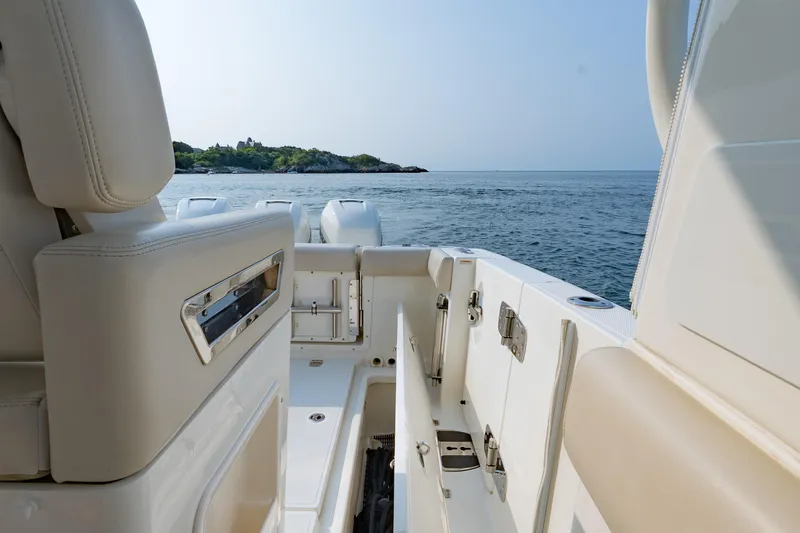 Blue Skies Yacht Photos Pics 2019 Boston Whaler 350 EX REALM boat interior with ocean view.