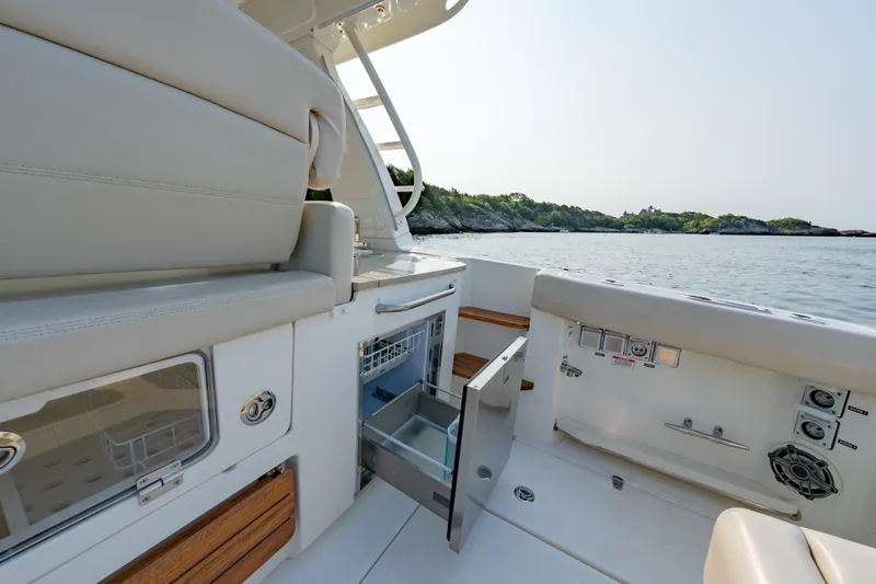 Blue Skies Yacht Photos Pics 2019 Boston Whaler 350 EX REALM interior with open storage, overlooking serene waters.