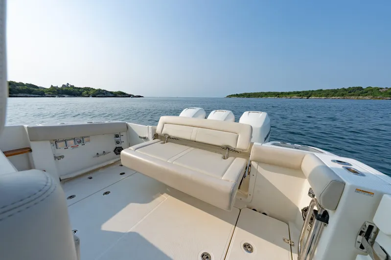 Blue Skies Yacht Photos Pics 2019 Boston Whaler 350 EX REALM boat interior with scenic ocean view.