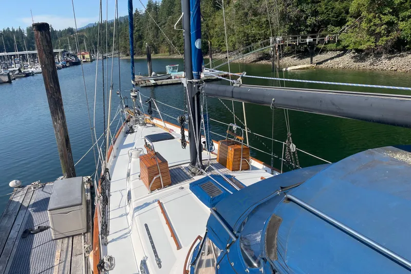 Sun Dazzler Yacht Photos Pics 1981 Mariner 48 sailboat docked in a serene marina with lush greenery.