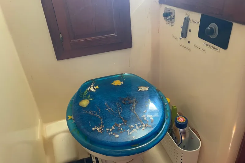 Sun Dazzler Yacht Photos Pics Marine-themed toilet seat in a 1981 Mariner 48 boat bathroom.