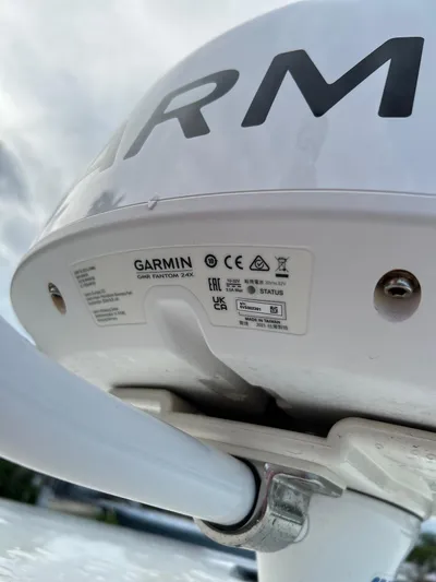 Rosie 3 Yacht Photos Pics Close-up of Garmin GMR Fantom 24x radar on Jeanneau Leader 10.5 WA Series 2, 2022 model.