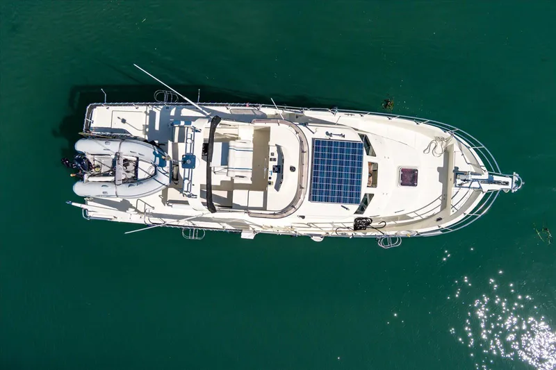 Rogue Yacht Photos Pics Aerial view of 2007 North Pacific NP42 Pilothouse yacht with solar panels on deck.