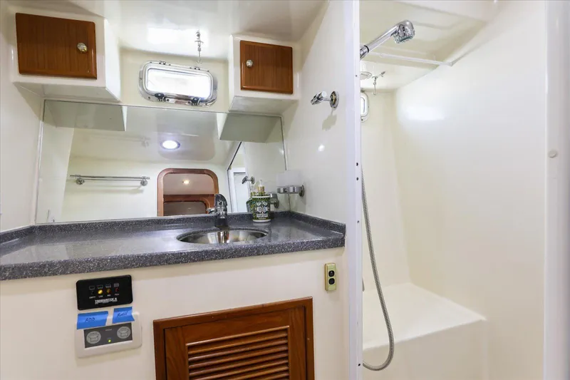 Rogue Yacht Photos Pics 2007 North Pacific NP42 Pilothouse bathroom with sink, mirror, and shower area.