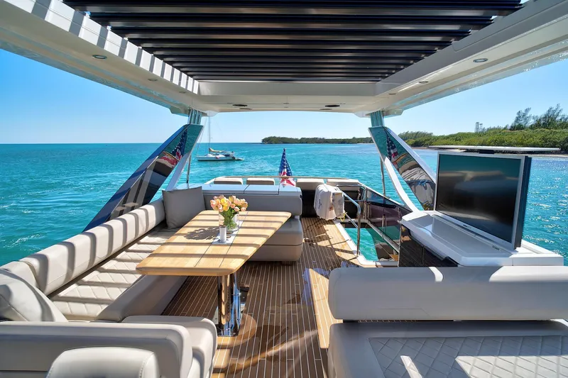 Raw Wave Yacht Photos Pics Luxurious 2021 Fairline Squadron 68 yacht interior with ocean view and elegant seating area.