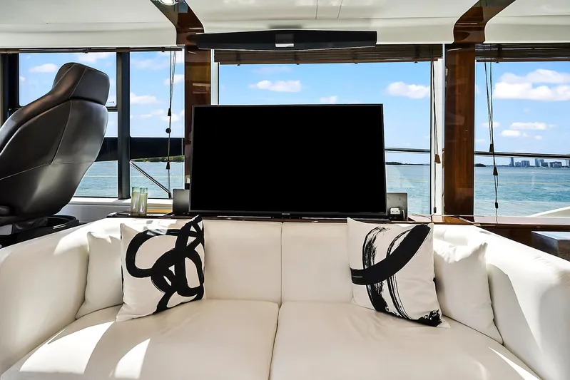 Raw Wave Yacht Photos Pics Luxurious interior of 2021 Fairline Squadron 68 yacht with modern decor and ocean view.