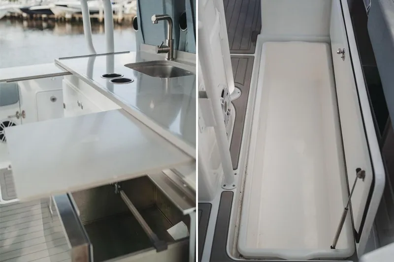  Yacht Photos Pics 2024 YachtCat 41 features sleek kitchen and spacious storage area on deck.