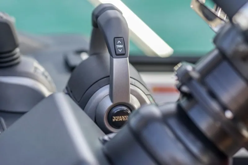  Yacht Photos Pics Close-up of Volvo Penta throttle control on 2022 Cranchi M44HT yacht.