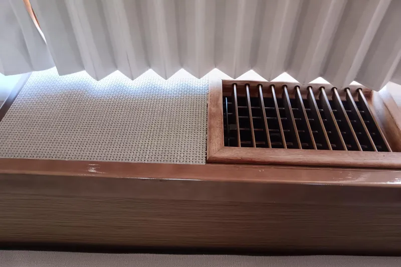  Yacht Photos Pics Wooden vent and pleated curtain on Lagoon 42, 2019 model yacht interior.