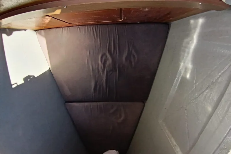  Yacht Photos Pics Interior cabin view of 2019 Lagoon 42 catamaran with dark cushions and wooden accents.