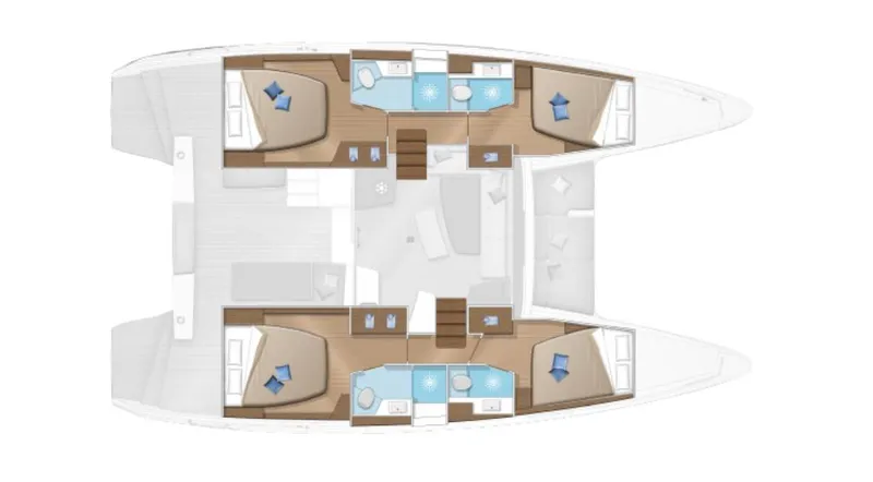  Yacht Photos Pics Floor plan of a 2019 Lagoon 42 catamaran, featuring cabins and bathrooms.