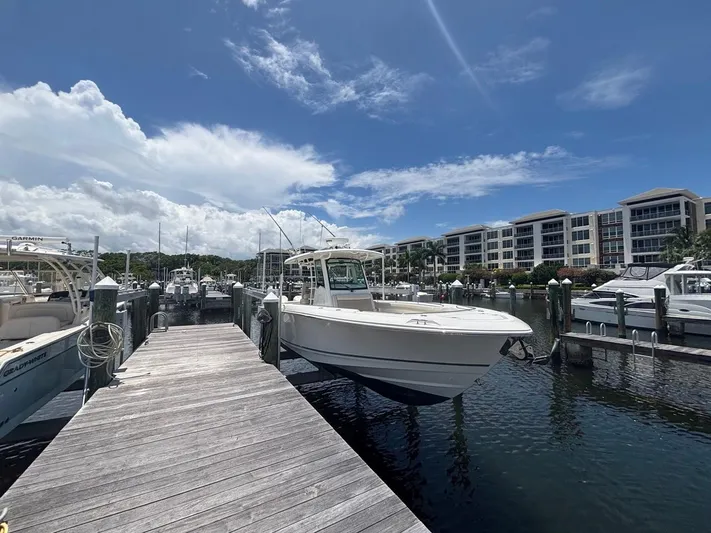  Yacht Photos Pics 2019 Boston Whaler 330 Outrage docked at marina under blue sky.