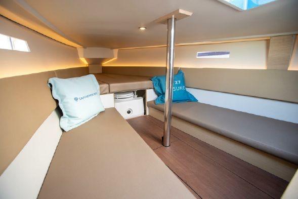2025 Saffier Se 27 Leisure yacht interior with cozy seating and modern design.