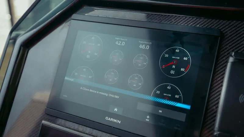 2023 Skipper-bsk 42 Quad 450r Yacht Photos Pics Garmin display on 2023 Skipper-BSK 42 boat showing navigation and speed metrics.