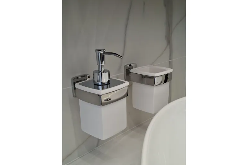  Yacht Photos Pics Wall-mounted soap dispenser and holder in Galeon 560 Fly yacht bathroom, 2026 model.