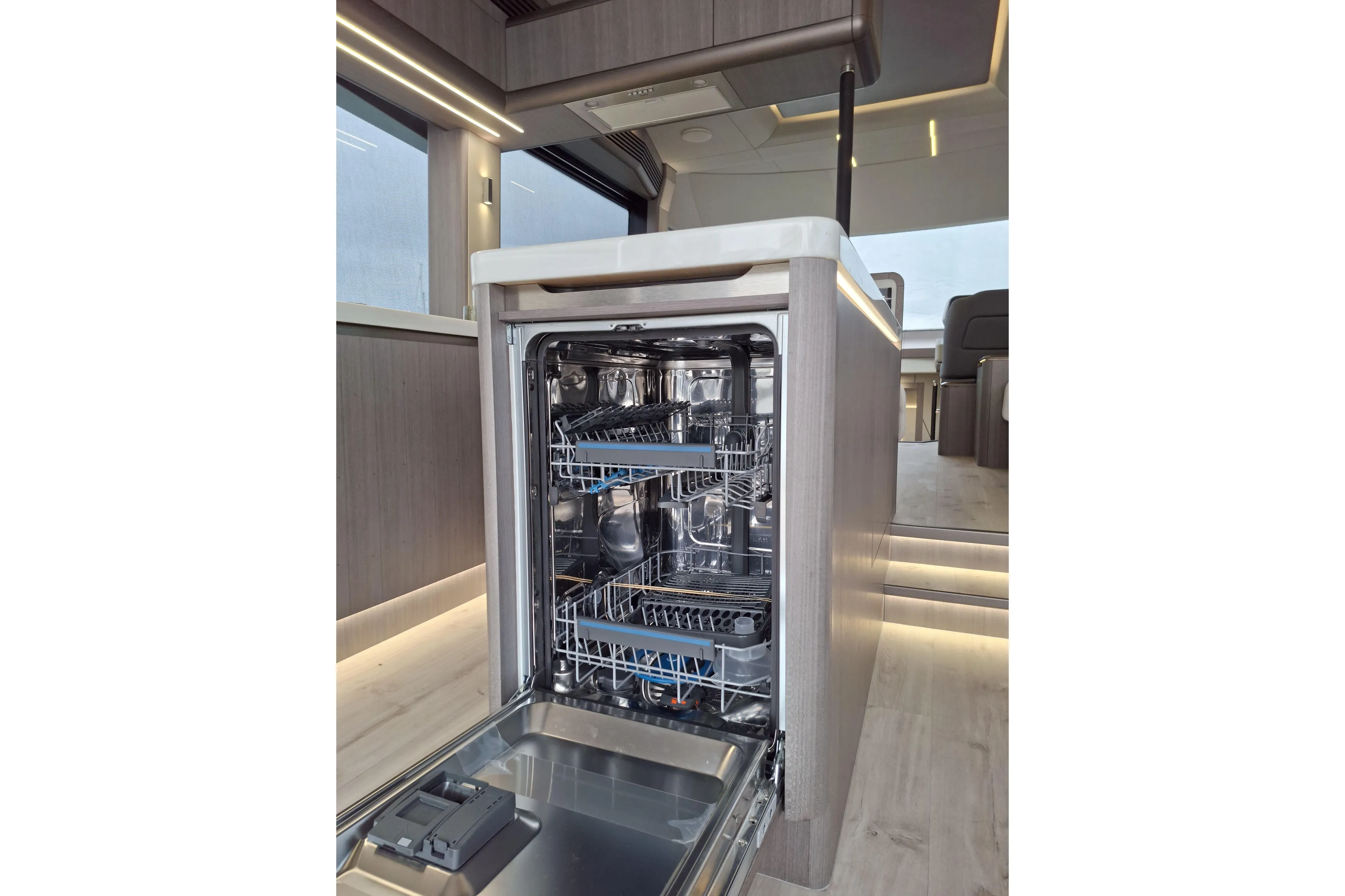  Yacht Photos Pics Modern kitchen interior of 2026 Galeon 560 Fly yacht with open dishwasher.