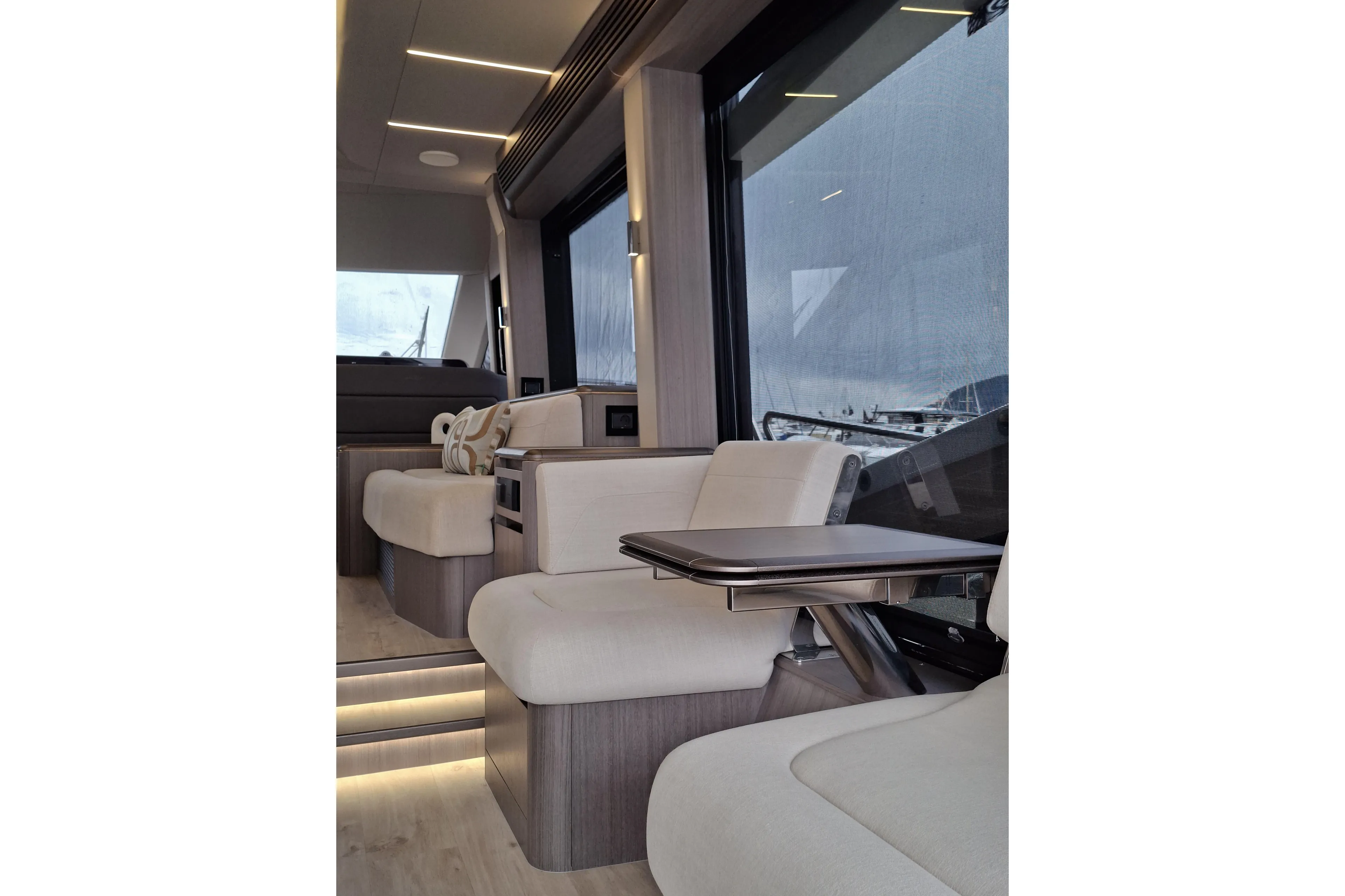  Yacht Photos Pics Luxurious interior of 2026 Galeon 560 Fly yacht with elegant seating and modern design.
