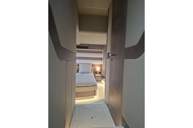  Yacht Photos Pics Luxurious interior of 2026 Galeon 560 Fly yacht, featuring a modern bedroom design.