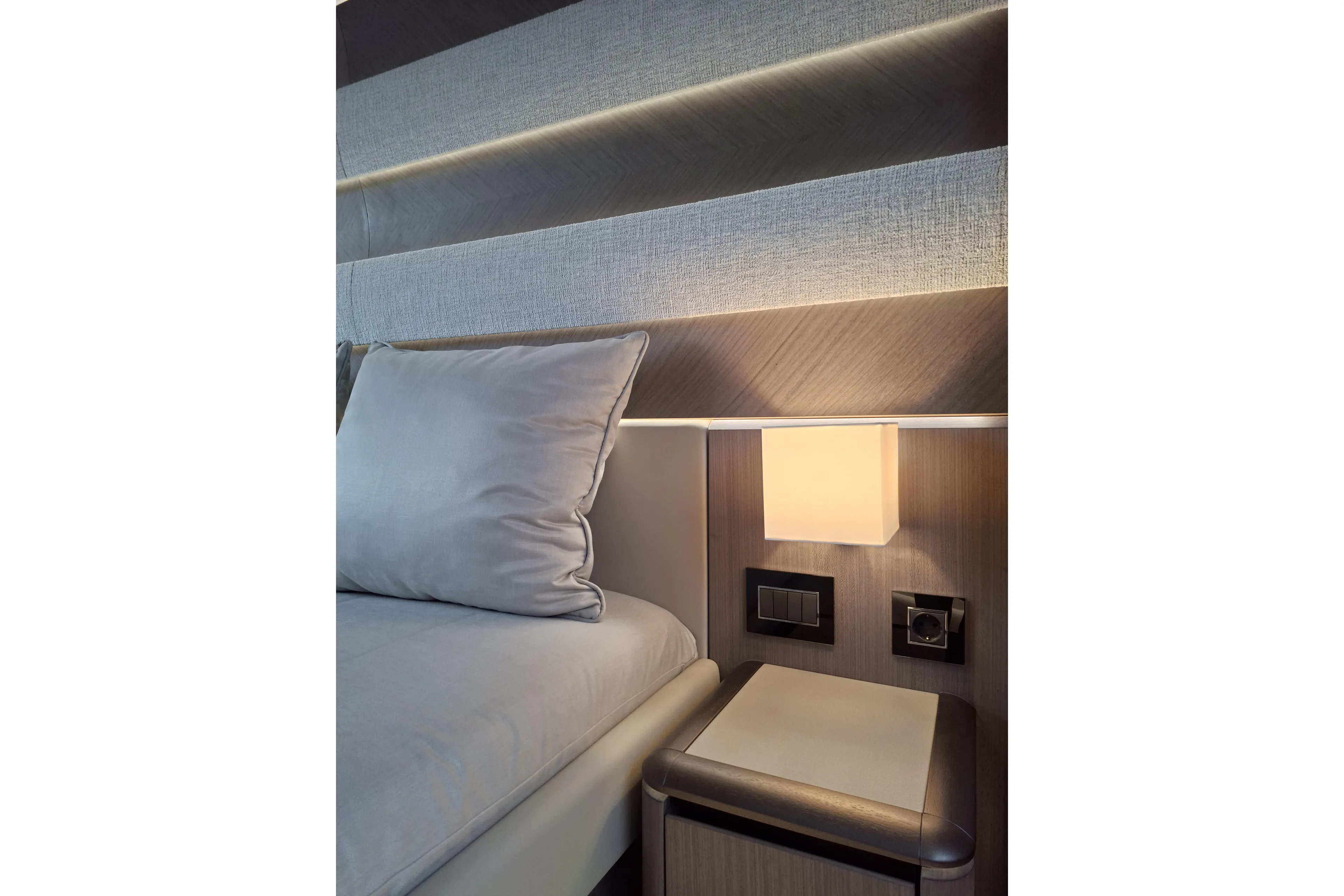  Yacht Photos Pics Luxurious interior of 2026 Galeon 560 Fly yacht cabin with modern lighting and plush bedding.