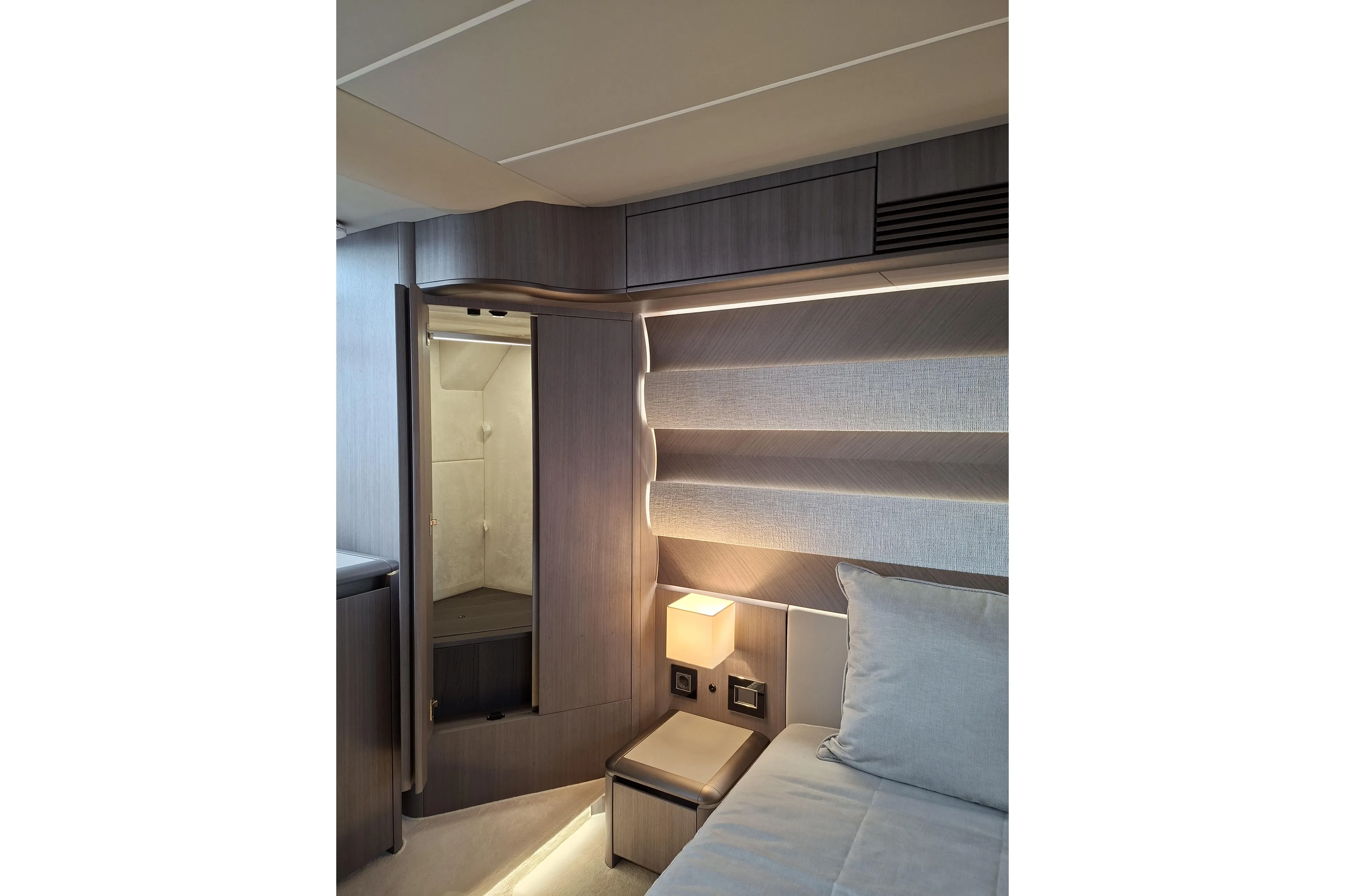  Yacht Photos Pics Luxurious interior of 2026 Galeon 560 Fly yacht bedroom with modern design elements.