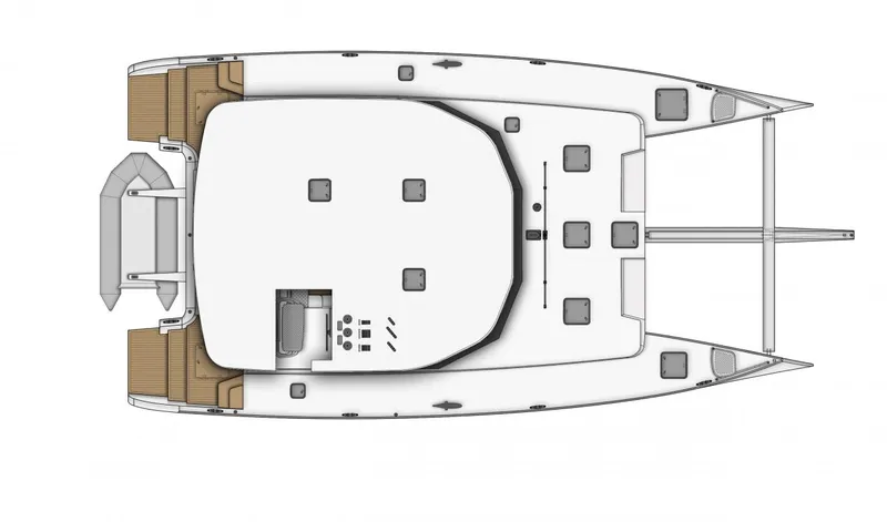 Ke'ala Yacht Photos Pics Top view of 2021 Balance 482 catamaran layout with deck and cabin details.
