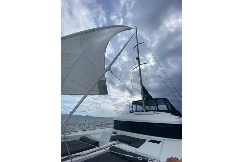 Chicago Yacht Photos Pics Sailing on a 2020 Lagoon 52 F catamaran under cloudy skies.