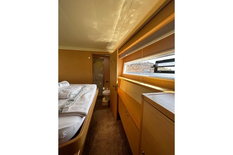 Chicago Yacht Photos Pics Luxurious cabin interior of 2020 Lagoon 52 F yacht with scenic window view.