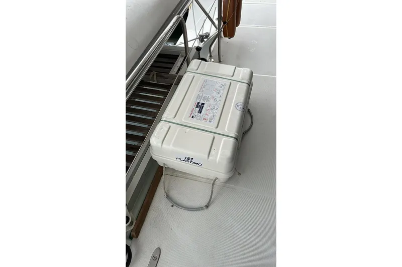 Chicago Yacht Photos Pics Safety equipment on 2020 Lagoon 52 F yacht deck, featuring Plastimo container.