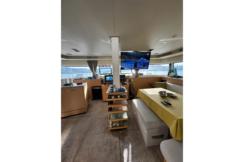 Chicago Yacht Photos Pics Luxurious interior of 2020 Lagoon 52 F yacht with dining area and modern amenities.