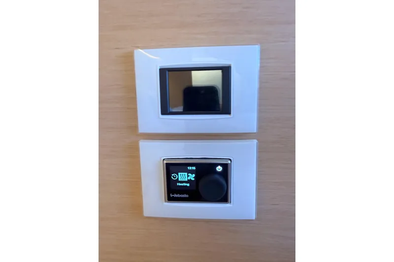 Chicago Yacht Photos Pics Control panels on a 2020 Lagoon 52 F yacht, featuring heating settings.