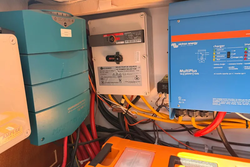 Chicago Yacht Photos Pics Electrical system components inside a 2020 Lagoon 52 F yacht, featuring Victron Energy equipment.
