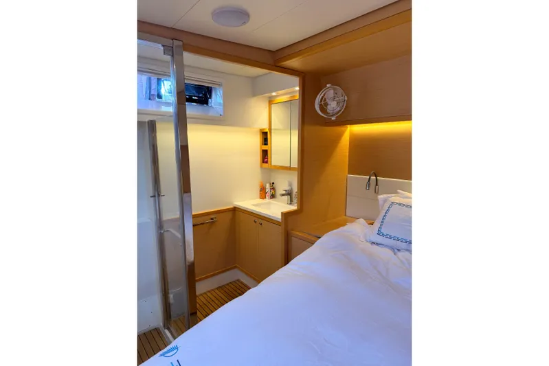 Chicago Yacht Photos Pics Luxurious cabin interior of 2020 Lagoon 52 F yacht with modern amenities.