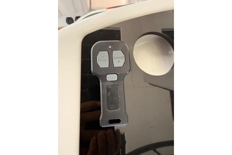 Chicago Yacht Photos Pics Control panel on a 2020 Lagoon 52 F yacht, featuring buttons and a display.