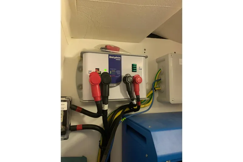 Chicago Yacht Photos Pics Electrical system components on a 2020 Lagoon 52 F yacht, featuring a Dolphin booster.